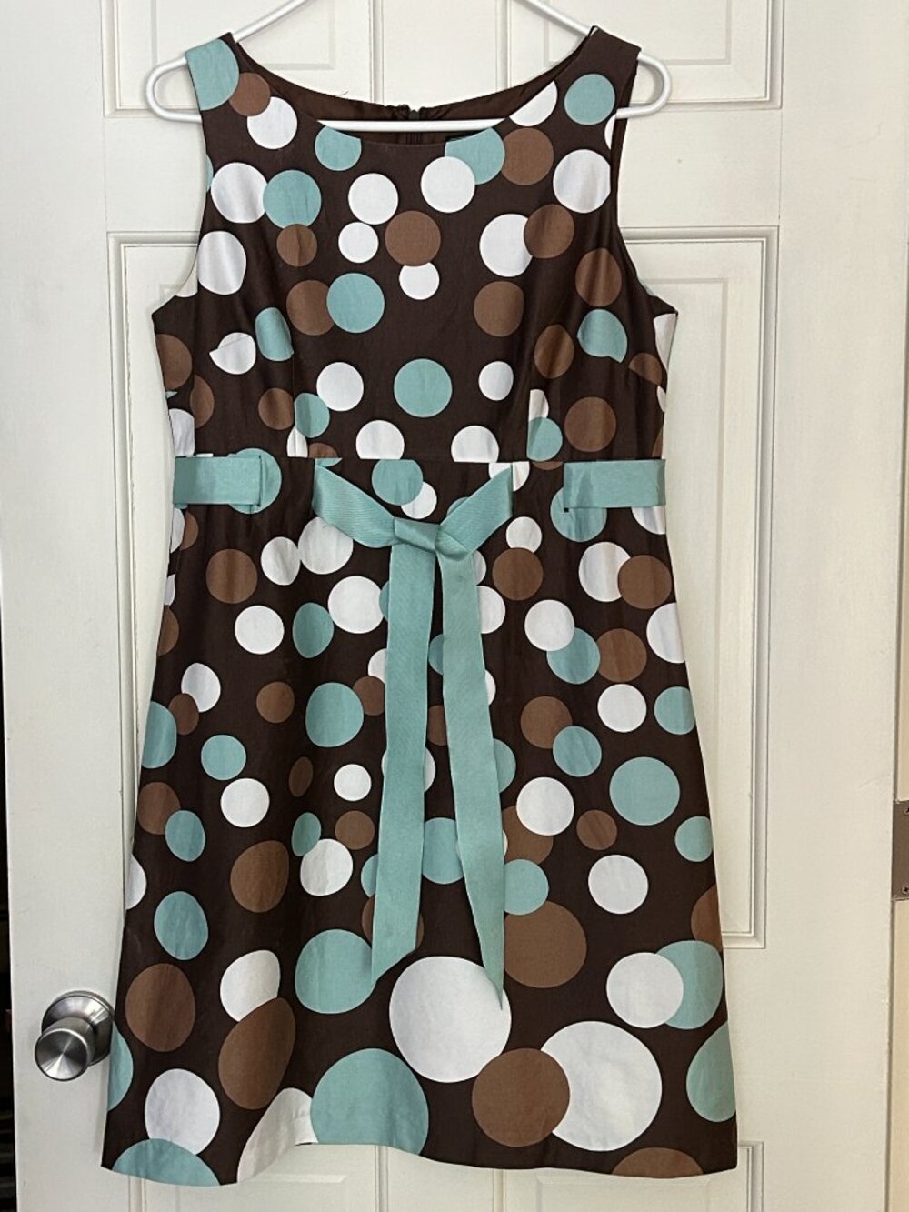 Sleeveless Brown Polka Dot Midi Dress with Aqua Belt